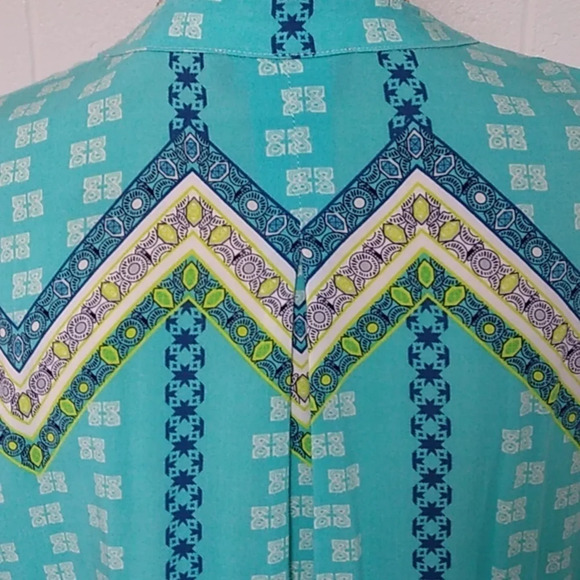 TRIBAL SUMMER BOHO BEACH PRINT, ROLL TAB 3/4 SLEEVE LIGHTWEIGHT TUNIC TOP - Picture 3 of 8
